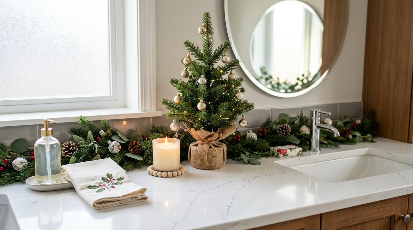 A bathroom counter decorated with a small Christmas tree, greenery, ornaments, a candle, and a festive towel.