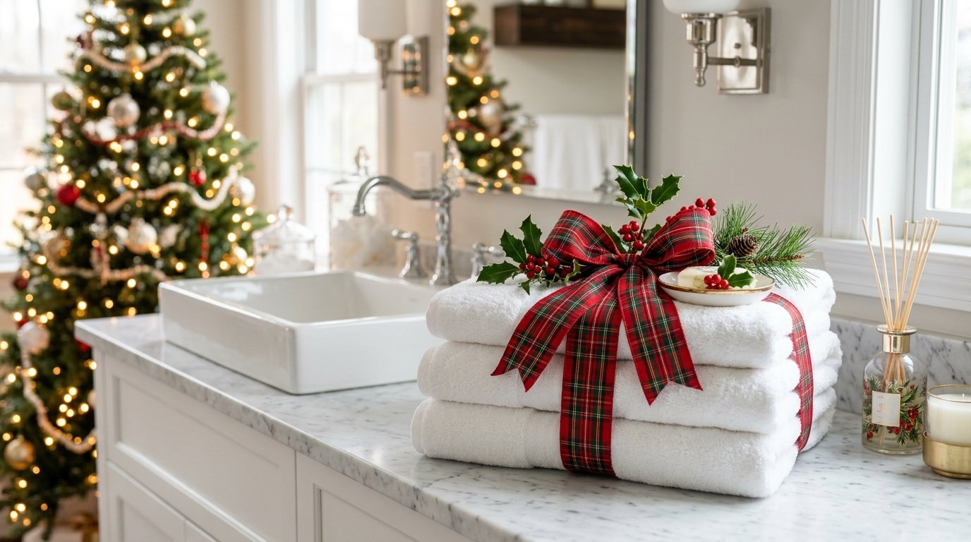 White towels tied with a red plaid ribbon and decorated with holly on a bathroom counter.
