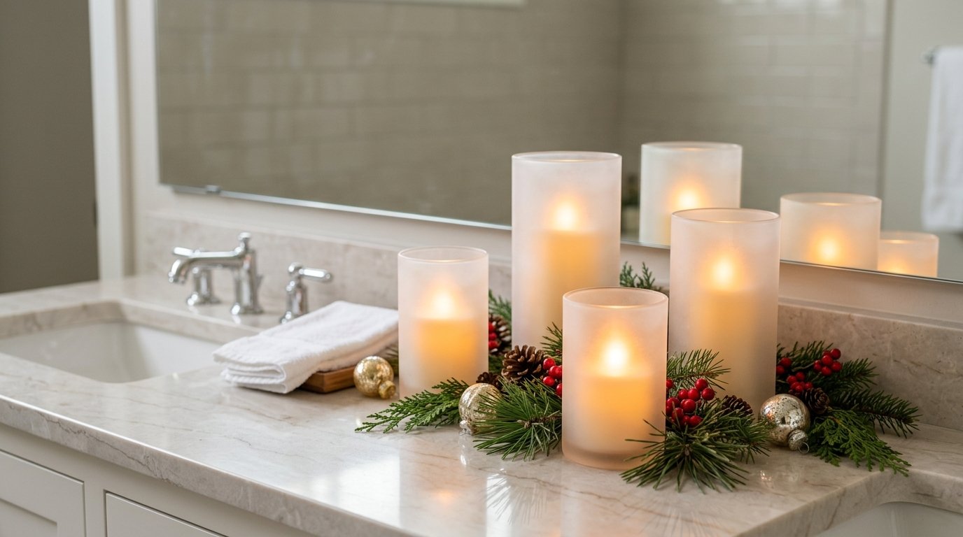Frosted glass jars with glowing LED candles and Christmas greenery arranged on a bathroom counter.