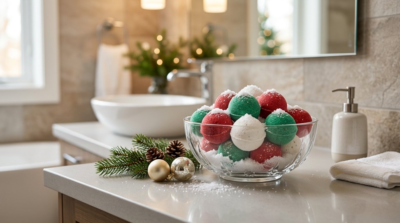 A clear bowl of colorful Christmas bath bombs topped with faux snow sits on a decorated bathroom counter.