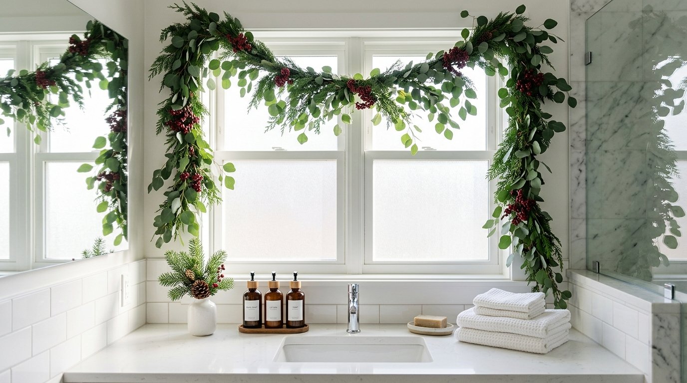 A bathroom window decorated with eucalyptus and red berry garland above a Christmas-themed counter.