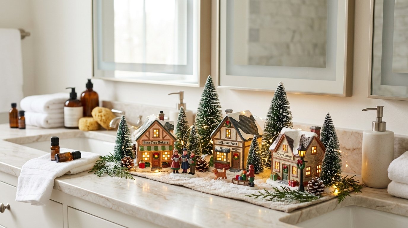 A miniature Christmas village with glowing lights arranged on a bathroom shelf.