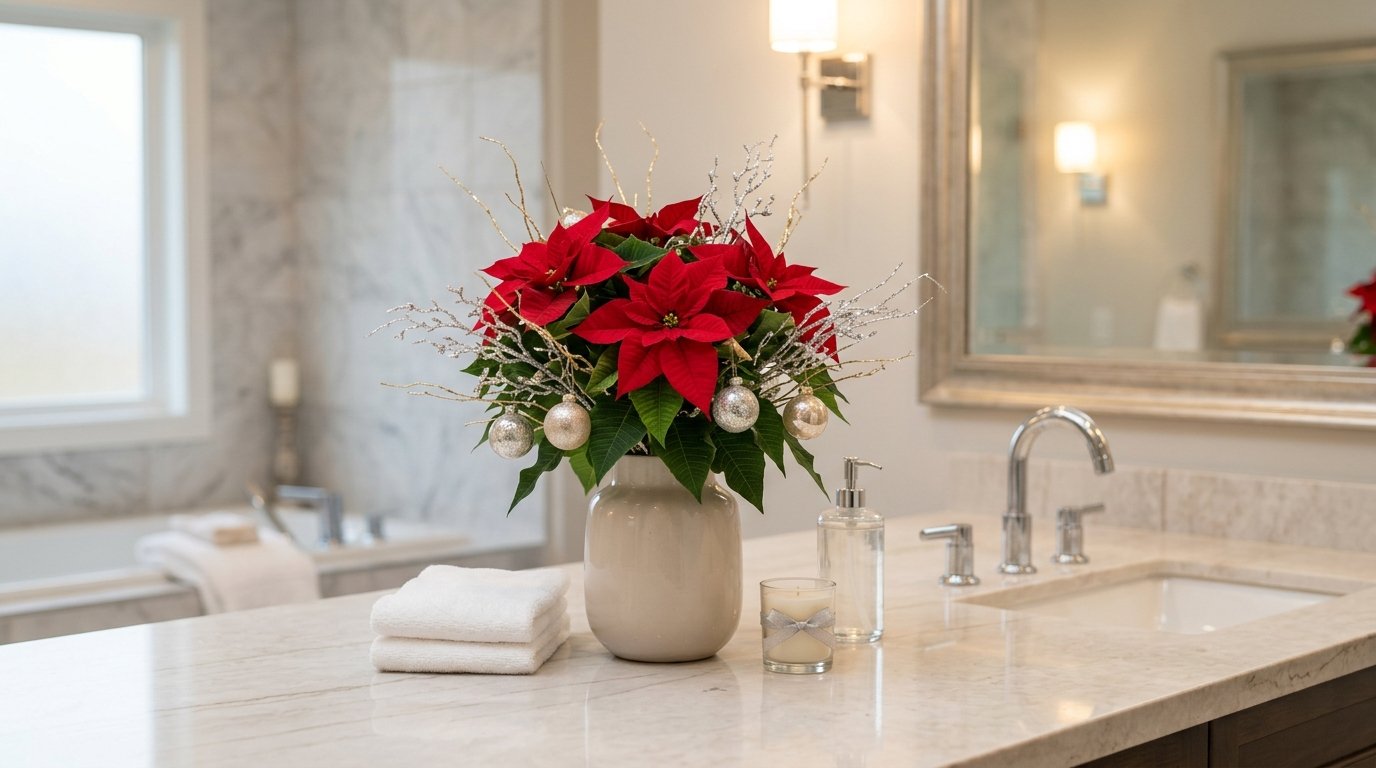 A red poinsettia arrangement with sparkly accents sits on a decorated bathroom countertop.