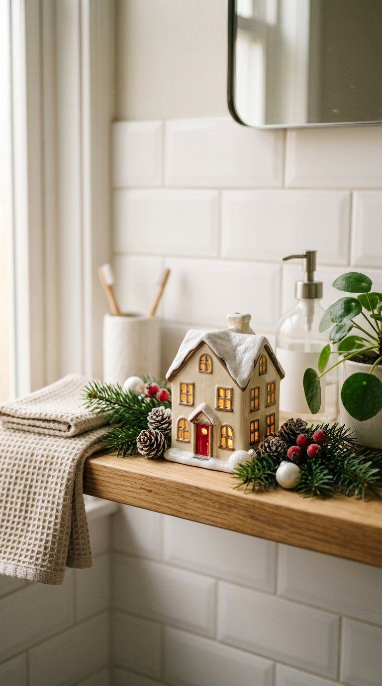 A Christmas village house tealight holder with an LED candle sits among festive decorations on a bathroom shelf.