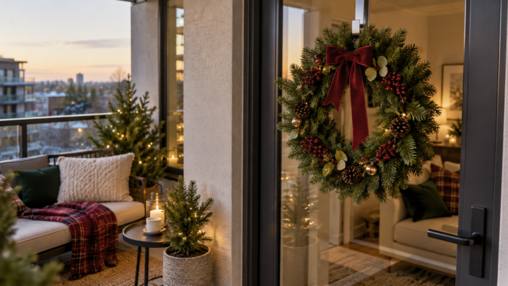 An evergreen Christmas wreath hangs on a glass balcony door.