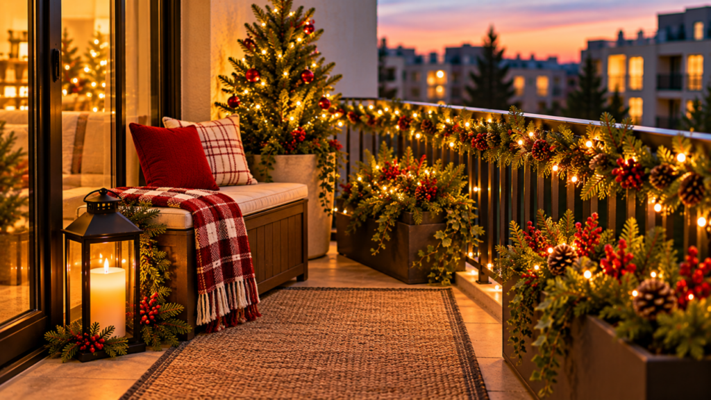 Festive cushions arranged on a sofa on a covered balcony.