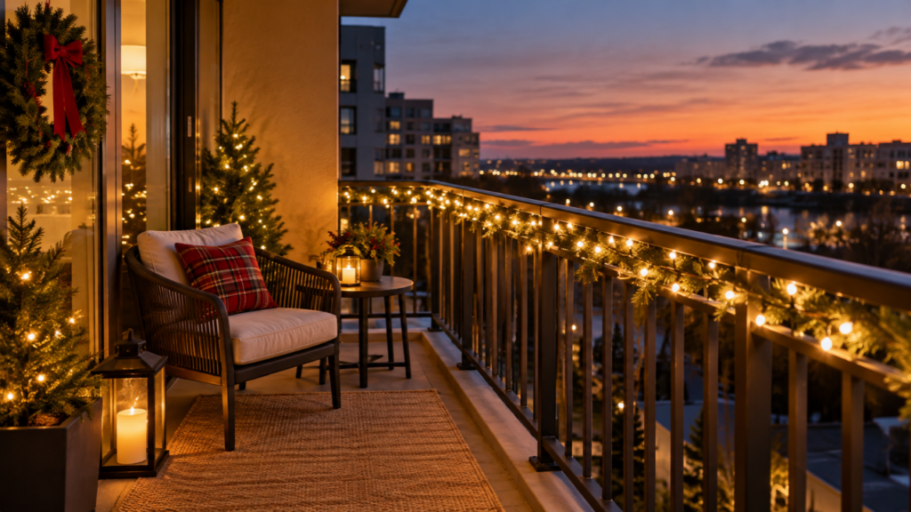Warm white lights decorate a balcony railing with evergreen garland.