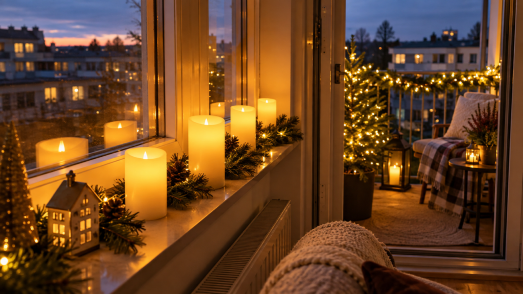 Glowing LED candles line an apartment windowsill beside a decorated Christmas balcony.
