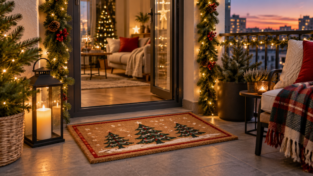 A Christmas doormat sits at a decorated balcony door.