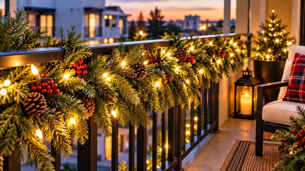 Evergreen garland decorates a balcony railing.