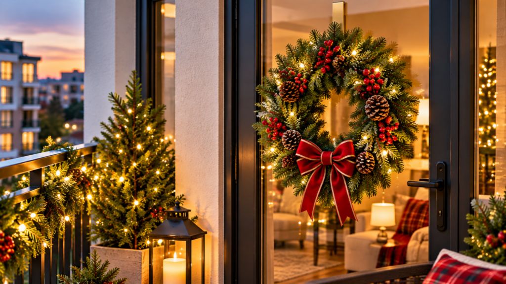 A small decorated Christmas tree stands in a balcony corner beside a wrapped present.