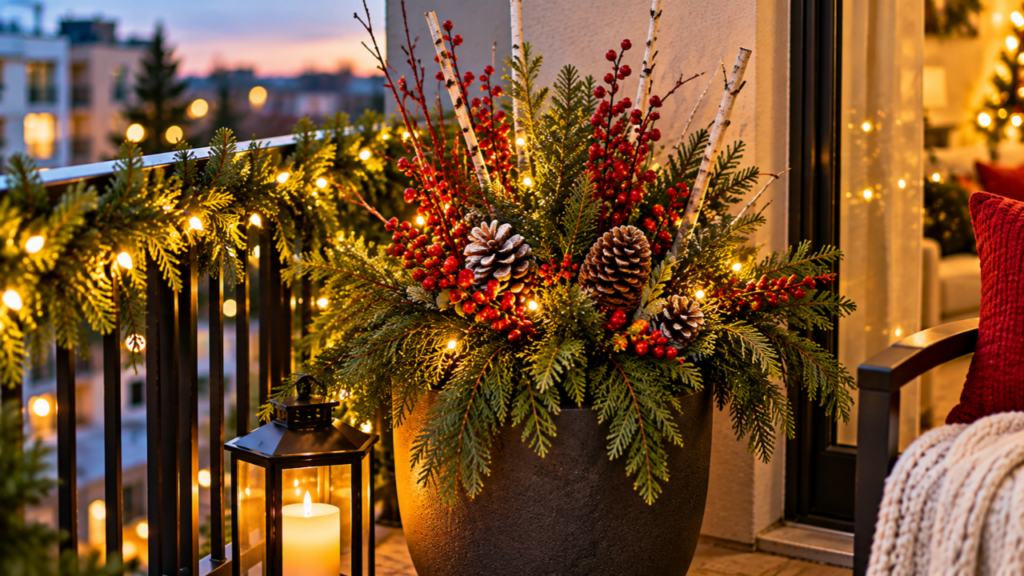 A glowing lantern sits beside a chair on a decorated balcony.