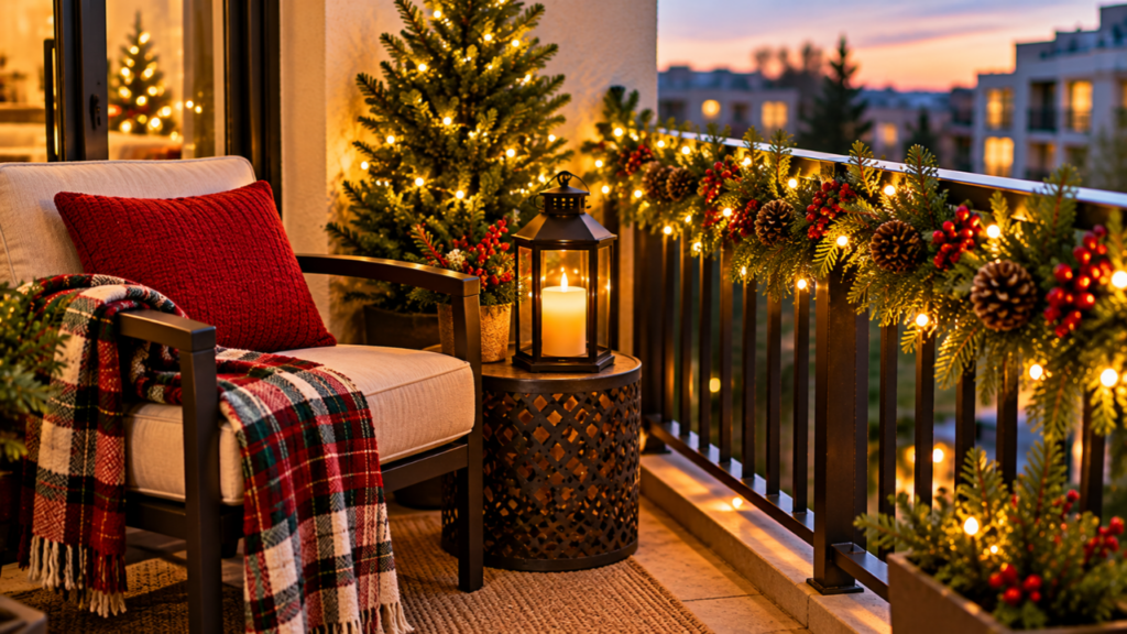 An evergreen Christmas arrangement fills a planter on a balcony.