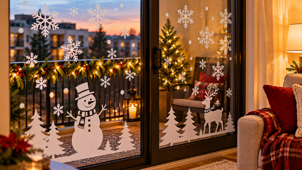Christmas window clings decorate a glass balcony door, with a small lit evergreen on the balcony.