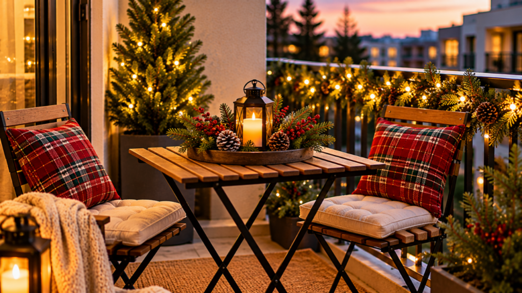 A small Christmas centerpiece sits on a foldable balcony table.
