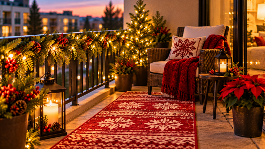 A small Christmas centerpiece sits on a foldable balcony table.
