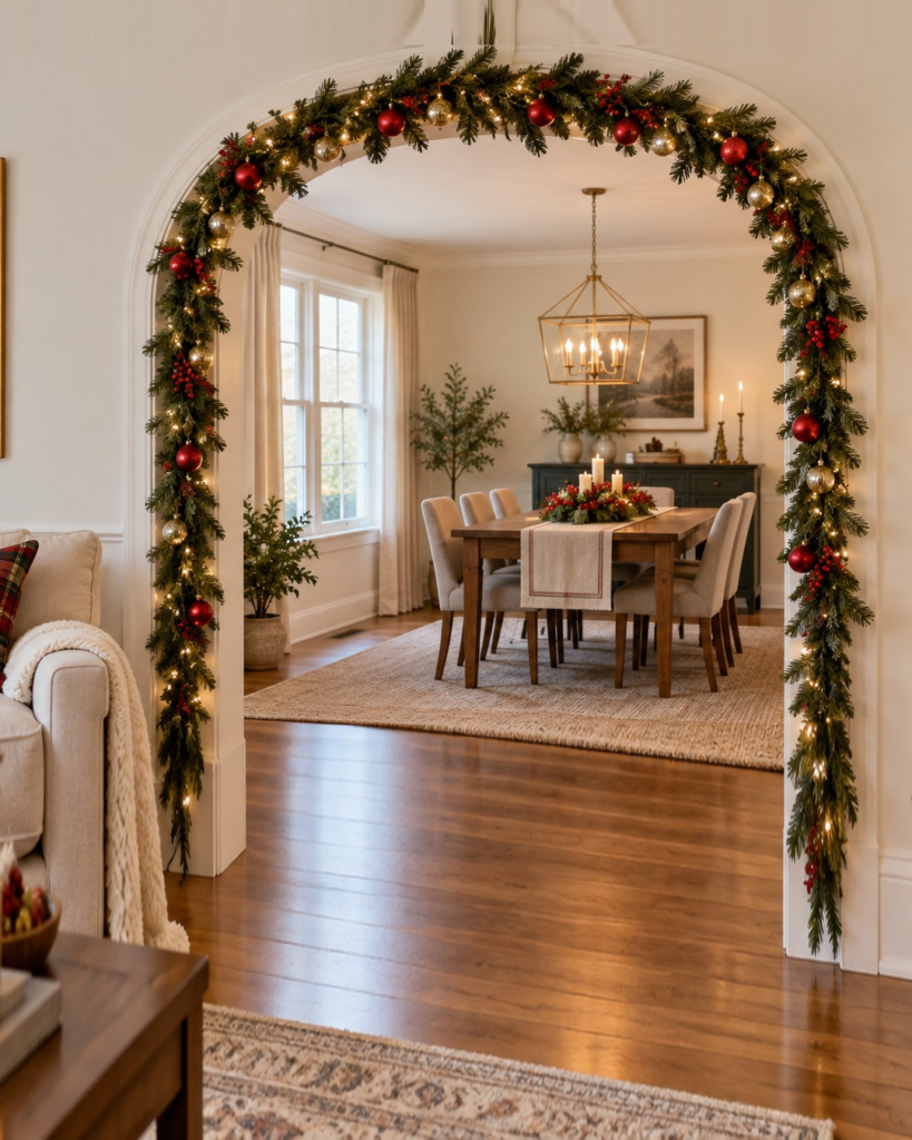 Indoor Christmas archway decorated with evergreen garland, red and gold ornaments, and warm white lights overlooking a cozy dining room.
