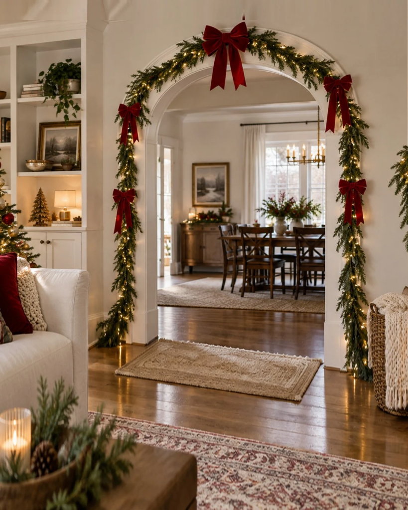 Indoor Christmas archway decorated with deep red velvet bows, evergreen garland, and warm white fairy lights between a cozy living room and dining room.