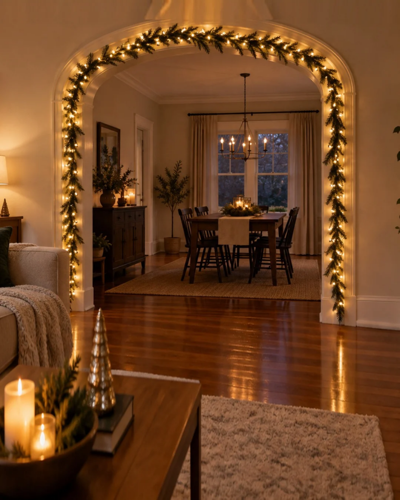 Indoor Christmas archway decorated with warm white LED lights and slim evergreen garland, connecting a cozy living room and dining room.