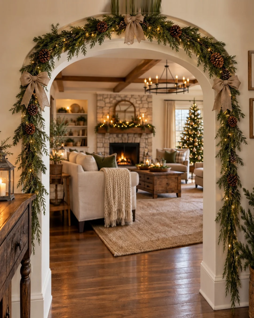 Rustic indoor Christmas archway decorated with pinecones, natural burlap bows, evergreen garland, and warm white lights overlooking a cozy farmhouse living room.