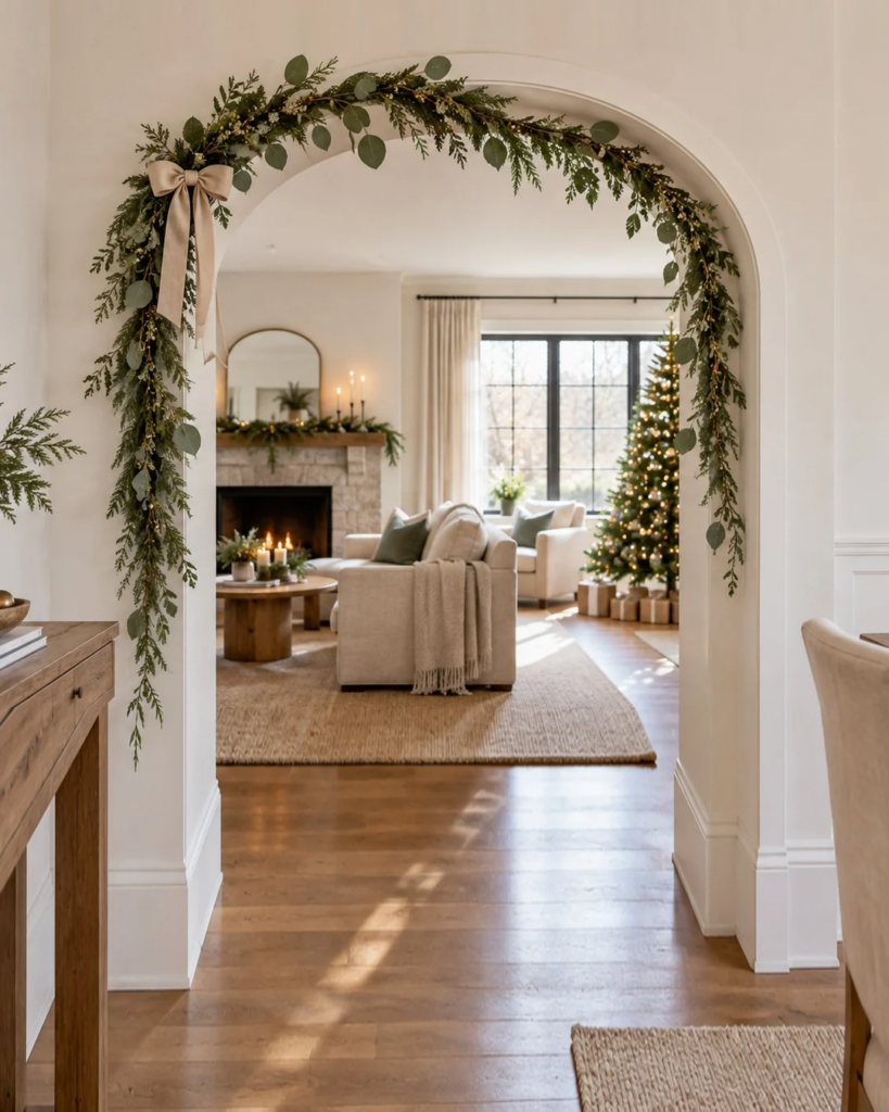Minimalist indoor Christmas archway decorated with simple eucalyptus and cedar greenery, a neutral ribbon bow, and natural holiday accents in a bright living room.