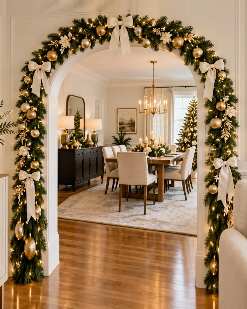 Indoor Christmas archway decorated with elegant gold and white ornaments, cream ribbon bows, evergreen garland, and warm white lights overlooking a cozy dining room.
Next Image 7