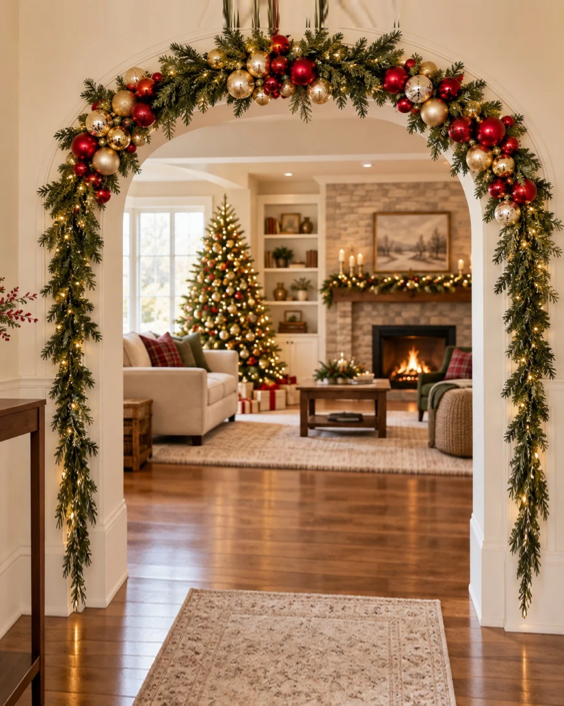Indoor Christmas archway decorated with red and gold ornament clusters, evergreen garland, and warm white lights overlooking a cozy living room with a Christmas tree and fireplace.