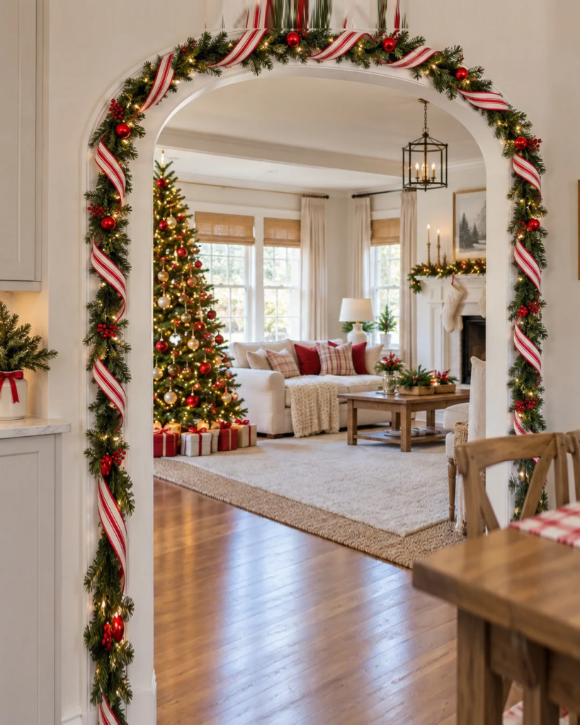 Indoor Christmas archway decorated with candy cane striped red and white ribbon, evergreen garland, red ornaments, and warm white lights overlooking a cozy holiday living room.