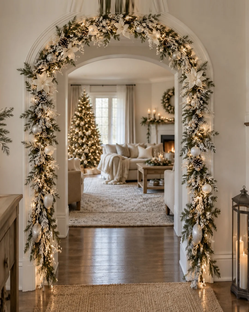 Snowy white indoor Christmas archway decorated with flocked evergreen garland, white ornaments, pinecones, and warm white lights overlooking a cozy Christmas living room.