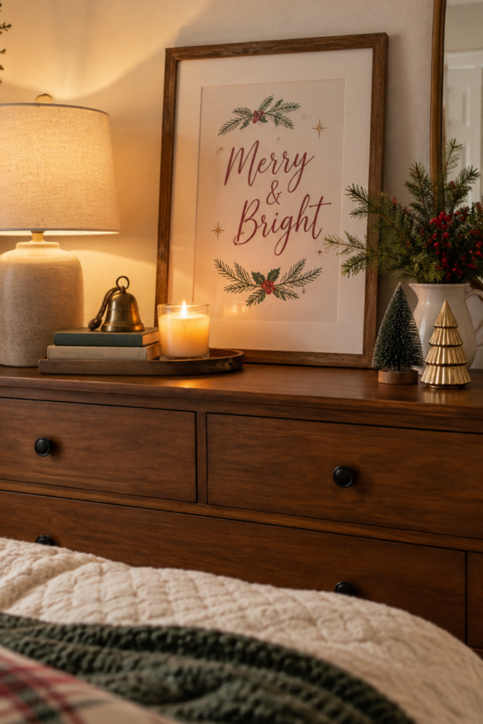 Framed Merry and Bright Christmas printable on a wooden bedroom dresser with a warm lamp, candle, and evergreen accents.