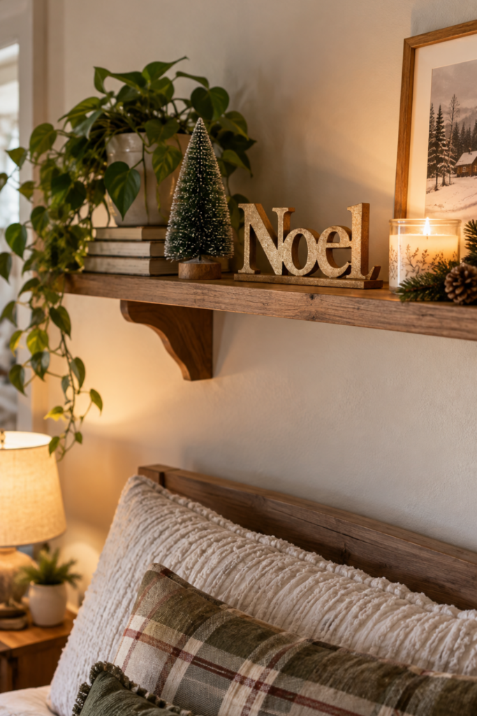 Small gold Noel Christmas sign displayed on a wooden bedroom shelf with a miniature Christmas tree, candle, and cozy decor.