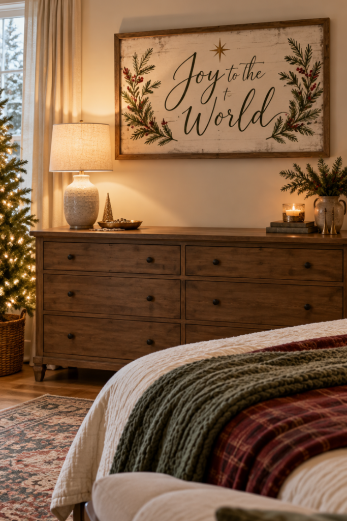 Rustic Joy to the World Christmas wall sign hanging above a wooden bedroom dresser decorated with a lamp and holiday greenery.