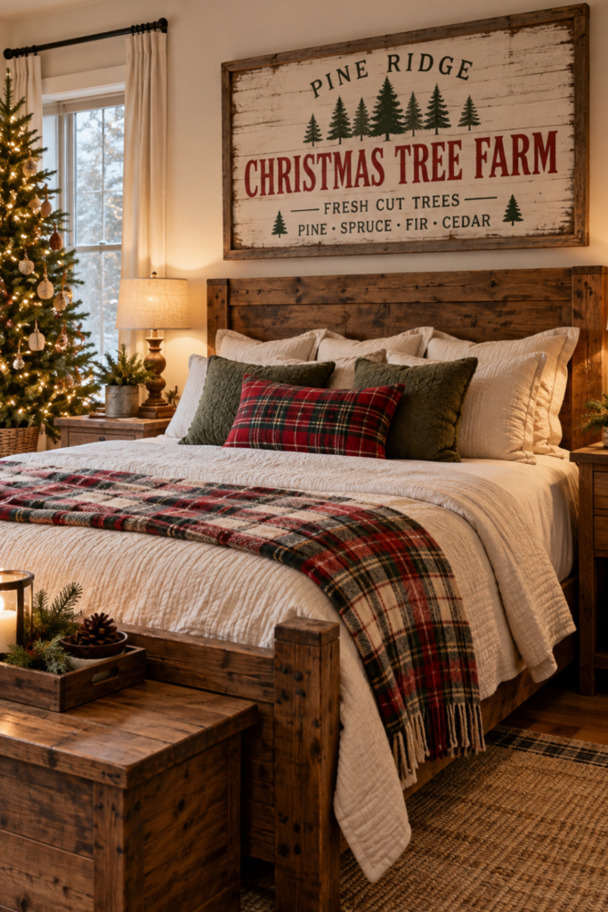 Rustic wooden Christmas Tree Farm sign above a farmhouse bedroom bed with plaid bedding, warm lighting, and a decorated Christmas tree.