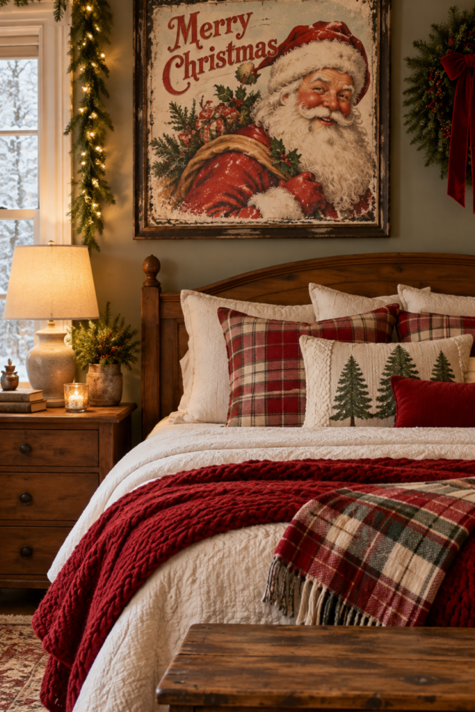 Framed vintage Santa Christmas wall art above a cozy wooden bed with red plaid pillows, holiday greenery, and warm bedroom lighting.