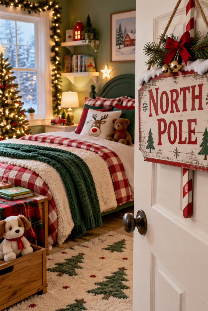 Rustic North Pole Christmas sign hanging on a child's bedroom door with festive bedding, Christmas lights, and a decorated tree.