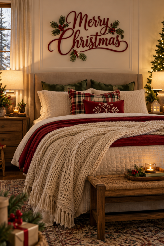 Red Merry Christmas wall sign above a cozy bedroom bed with plaid pillows, cream knit blankets, and festive holiday decorations.