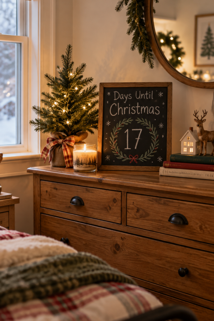 Chalkboard Christmas countdown sign showing 17 days until Christmas on a wooden dresser beside a small illuminated Christmas tree.