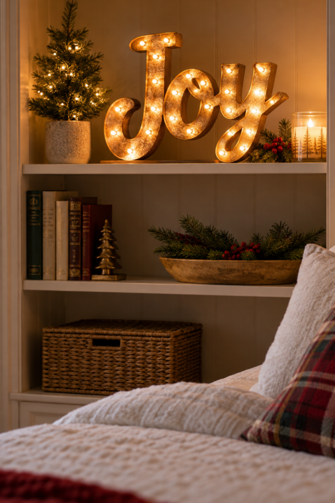 Illuminated Joy Christmas sign on a bedroom bookshelf with warm glowing lights, a miniature Christmas tree, and festive greenery.