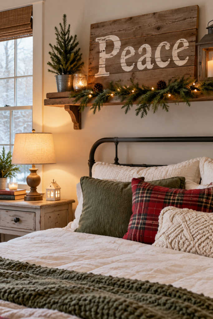 Handmade scrap wood Peace Christmas sign displayed above a cozy bedroom bed with plaid pillows, evergreen garland, and rustic decorations.
