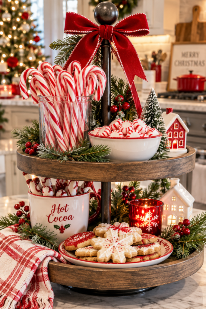 A tiered tray decorated with candy canes, peppermint candies, cookies, and evergreen sprigs.