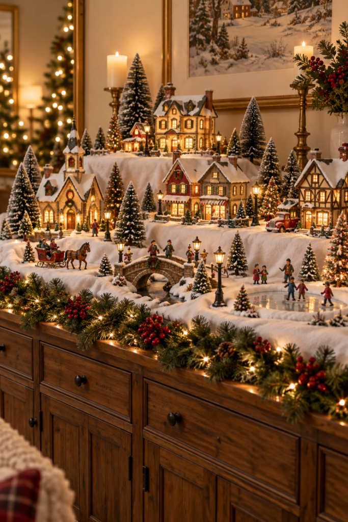 Tiered Christmas village display on a wooden sideboard with illuminated miniature houses, snowy hills, a small bridge, and evergreen trees.