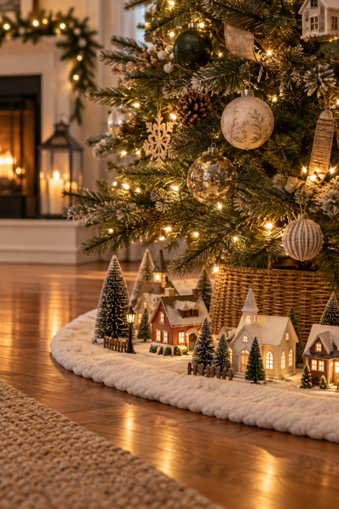 Small Christmas village beneath a decorated Christmas tree with glowing miniature houses, bottlebrush trees, and a white tree skirt.
