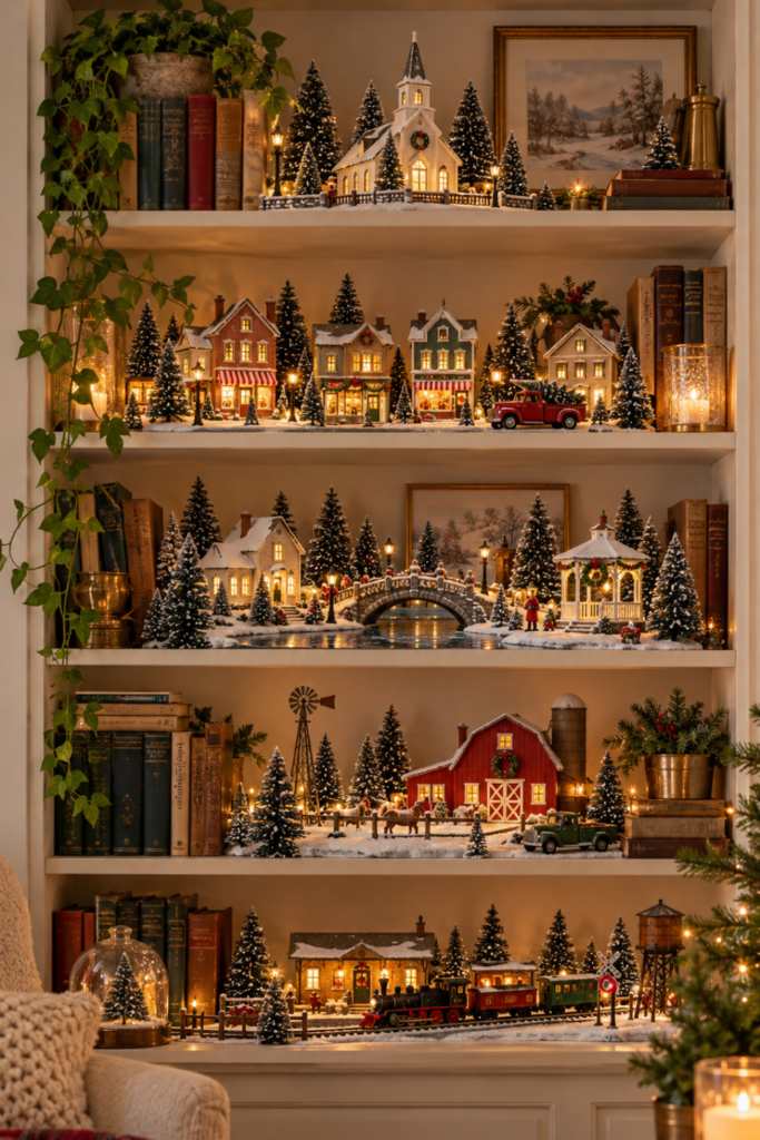 Christmas village arranged across a bookshelf with miniature lighted houses, snowy trees, a red barn, and a small holiday train.