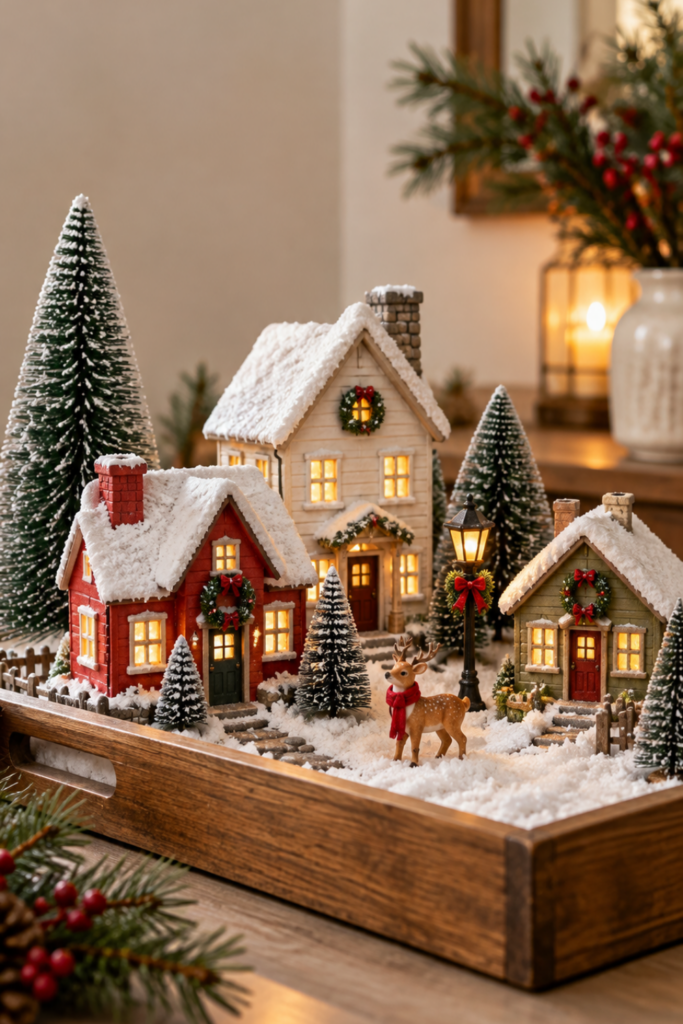 Small Christmas village on a wooden tray with three snow-covered miniature cottages, bottlebrush trees, and a tiny reindeer figure.
