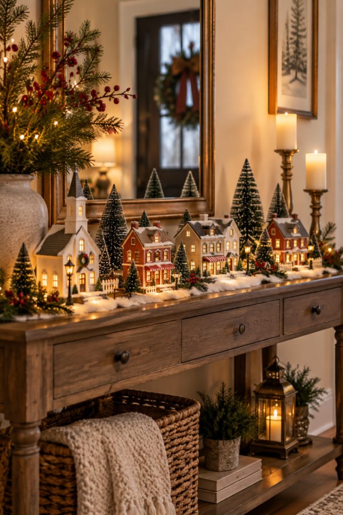 Christmas village on a wooden entryway console table with glowing miniature houses, snowy evergreen trees, and a large framed mirror.