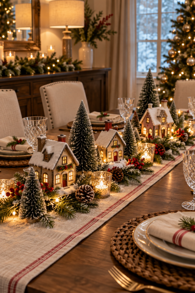 Christmas village dining table centerpiece with lighted miniature cottages, bottlebrush trees, pinecones, and a neutral table runner.
