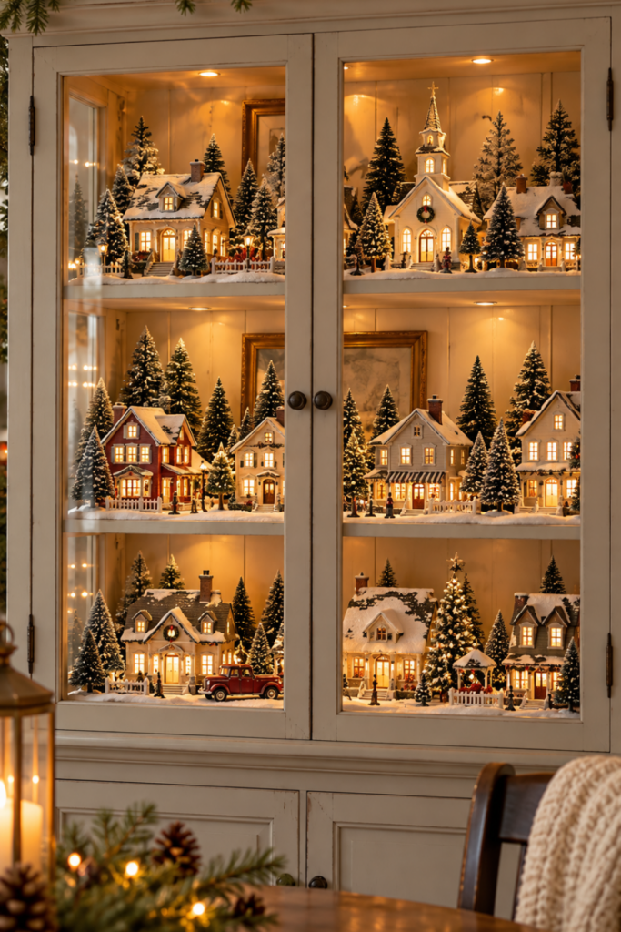 Christmas village displayed inside a glass-front hutch with illuminated ceramic houses, miniature evergreen trees, and snowy shelves.