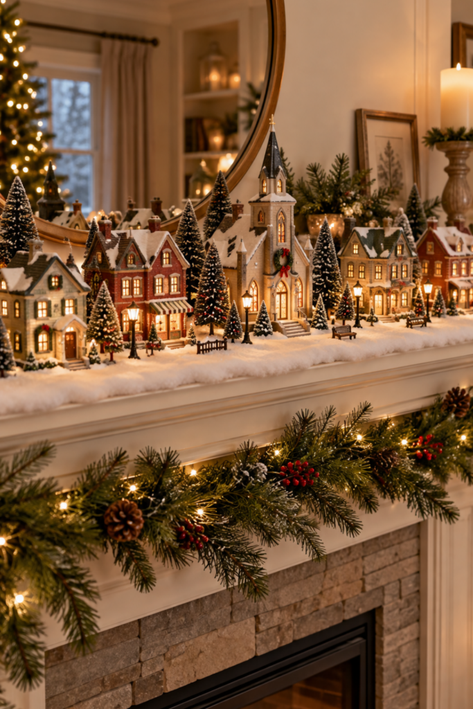 Christmas village display on a fireplace mantel with glowing ceramic houses, a miniature church, snowy bottlebrush trees, and evergreen garland.