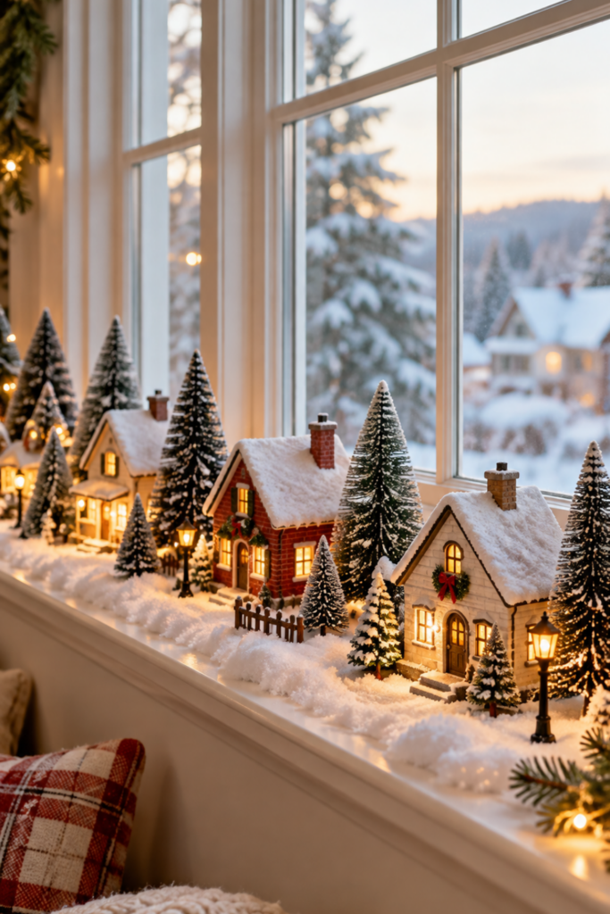 Miniature Christmas village on a wide window ledge with glowing snow-covered cottages, bottlebrush trees, and a snowy view outside.