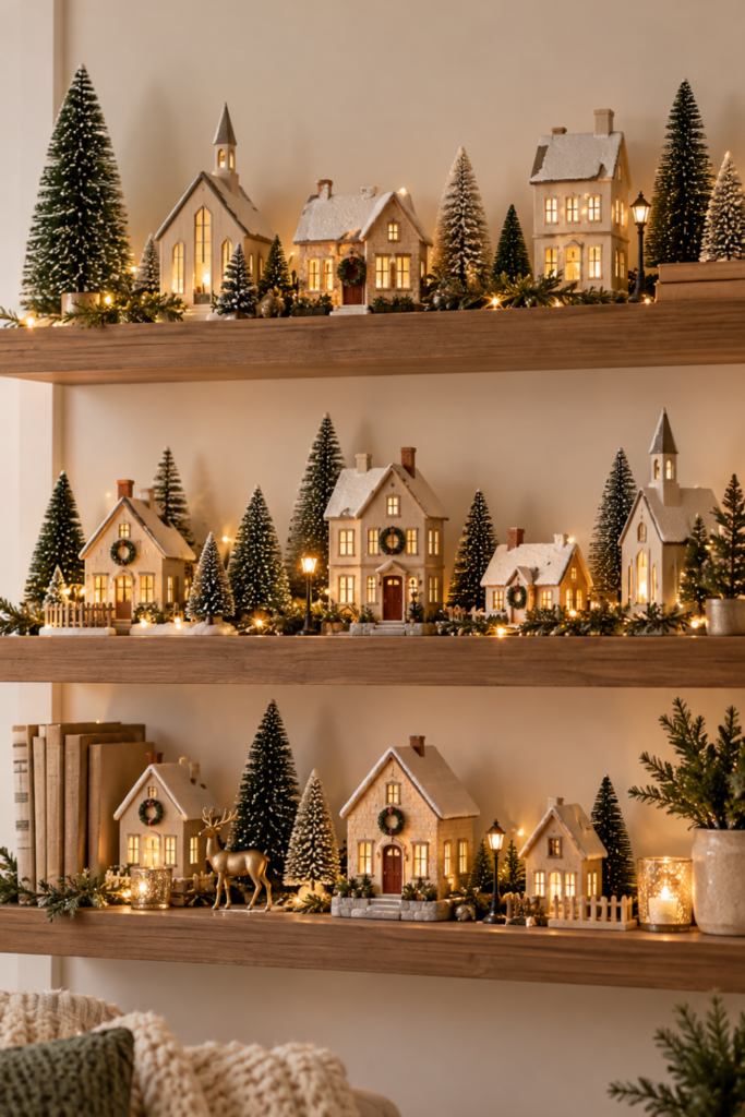 Christmas village displayed across three wooden floating shelves with lighted miniature houses, snowy trees, and warm fairy lights.
